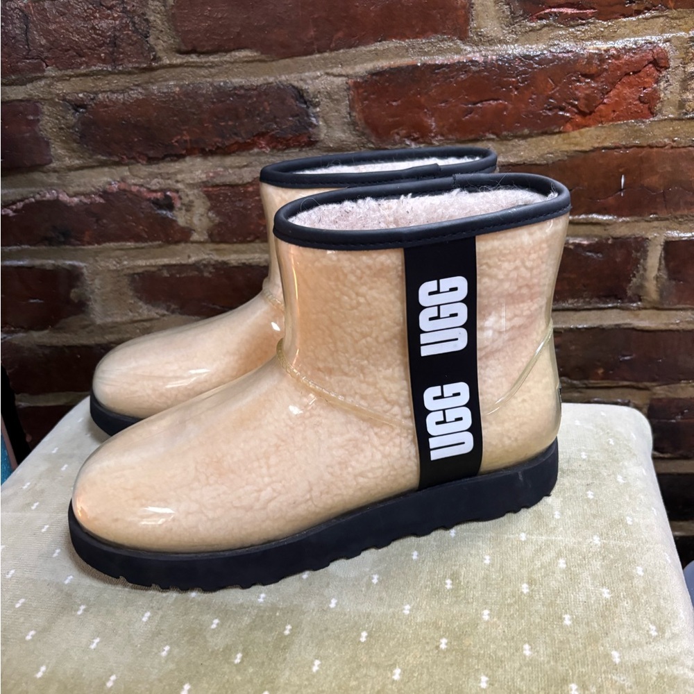 UGG Rainboots Tan Shearling Boots with Black Trim